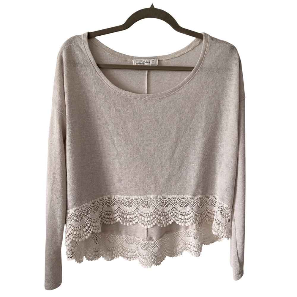 Abercrombie Cream Crochet High Low Hem Long Sleeve Top Medium